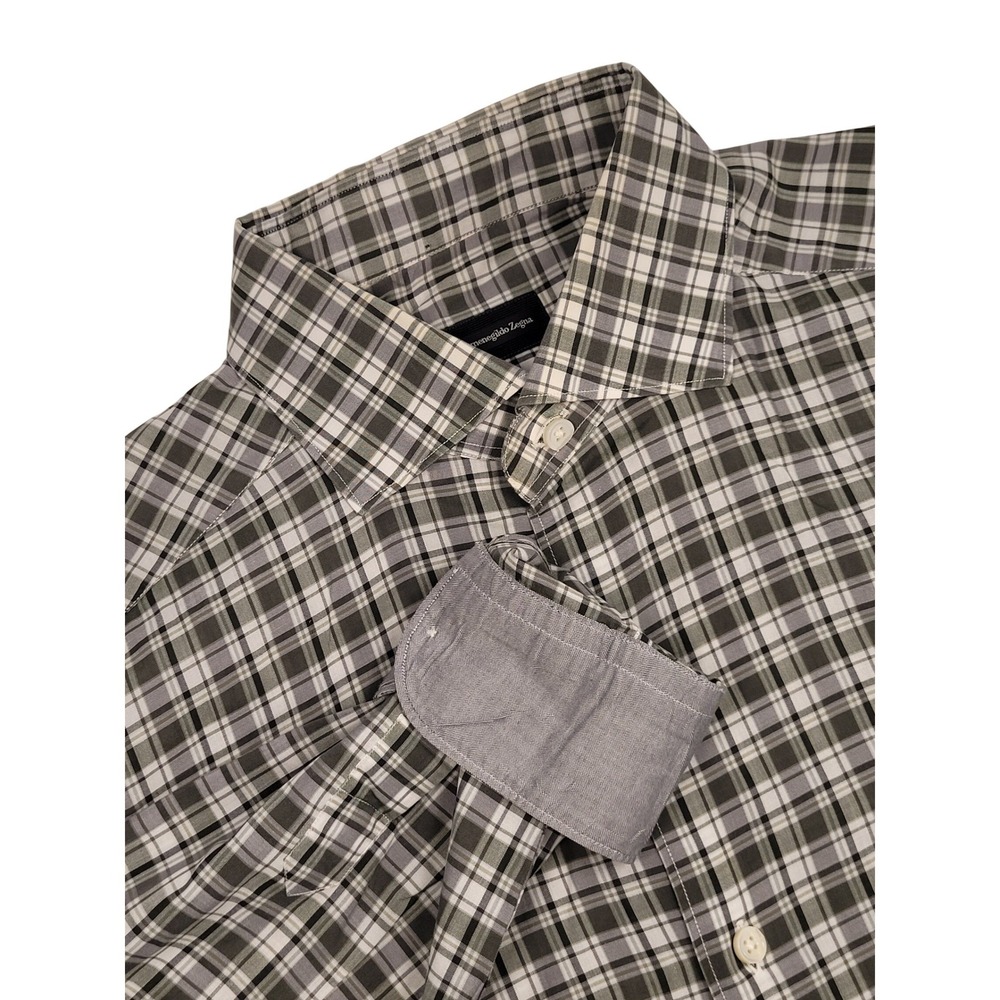 Ermenegildo Zegna Mens Plaid Button Down Shirt Olive Green Grey White Size L